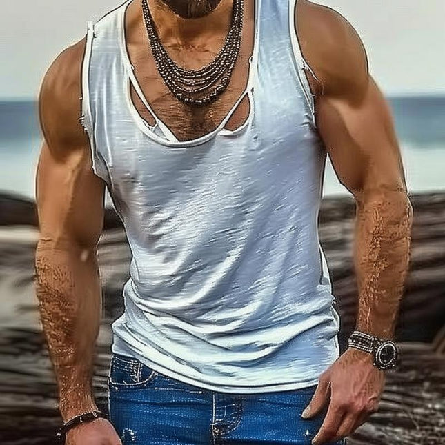 Men's Cotton Blend Tank Top | Washed Vintage Look | Hole Detailing | Sleeveless | Breathable Fabric | Durable Construction | Casual Wear | Variety of Sizes and Colors