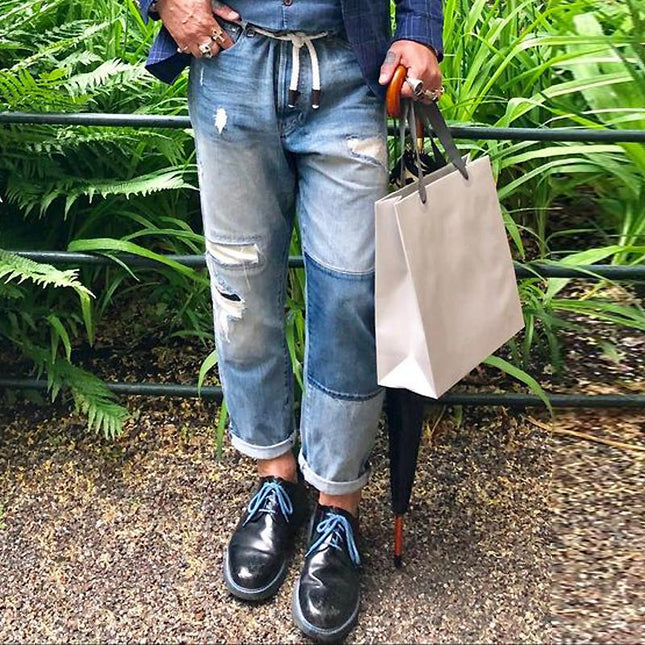 Men's Vintage Washed Distressed Patchwork Jeans | High-Quality Denim | Comfortable Fit | Stylish Rugged Look | Authentic Texture | Patchwork Detailing | Casual Everyday Wear | Button and Zipper Closure | Classic Five-Pocket Styling