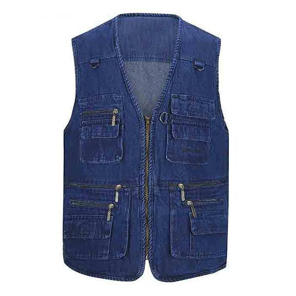 Men's Denim Vest | Multi-pocket Outdoor Design | Zipper Placket & Flap Pockets | V-Neck Collar | High Quality Soft Fabric | Spring & Autumn Fashion | 2022 Edition