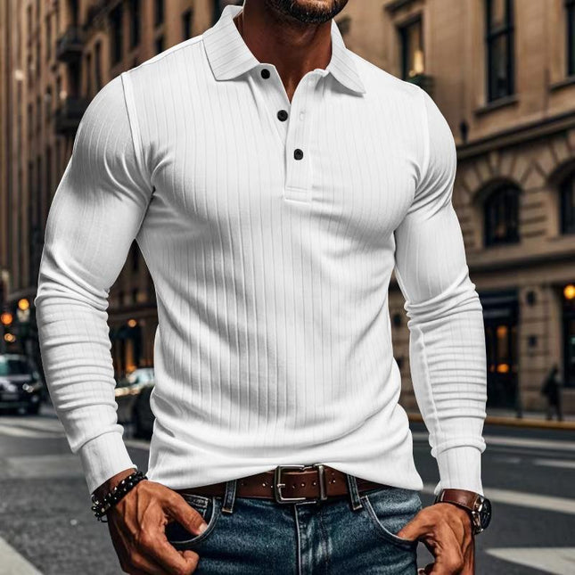 Men's Long Sleeve Polo Shirt | Casual Elastic Fit | Stretchy Fabric | Full-Length Sleeves | Classic Polo Collar | Button Placket | Available in Navy, Black, Gray, White, Burgundy | Comfortable & Versatile
