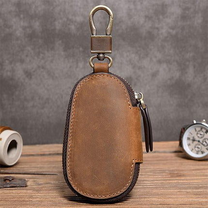 Vintage Cowhide Leather Key Bag | Premium Soft Texture | Durable with Solid Zipper | Luxurious Retro Finish | Slim Holder for Multiple Keys | Stylish Keyholder for Travel & Everyday Use