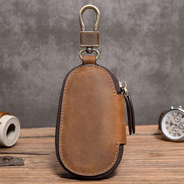 Vintage Cowhide Leather Key Bag | Premium Soft Texture | Durable with Solid Zipper | Luxurious Retro Finish | Slim Holder for Multiple Keys | Stylish Keyholder for Travel & Everyday Use