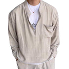 Men's Long Sleeve Henley Shirt | Solid Color Cotton Top | Casual Wear | Versatile & Comfortable | Button-Front Collar | Fall & Winter Fashion | James Visionary Design | Relaxed Fit | Breathable & Durable