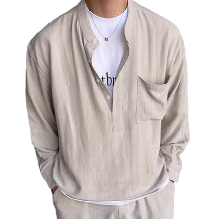Men's Long Sleeve Henley Shirt | Solid Color Cotton Top | Casual Wear | Versatile & Comfortable | Button-Front Collar | Fall & Winter Fashion | James Visionary Design | Relaxed Fit | Breathable & Durable