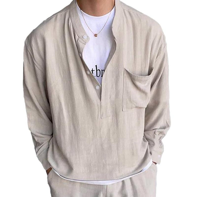 Men's Long Sleeve Henley Shirt | Solid Color Cotton Top | Casual Wear | Versatile & Comfortable | Button-Front Collar | Fall & Winter Fashion | James Visionary Design | Relaxed Fit | Breathable & Durable