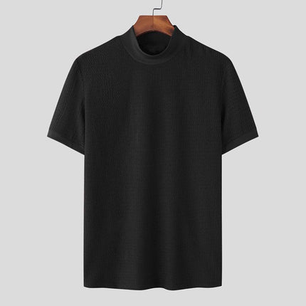 Men's Slim Fit Half Turtleneck Knitted Short Sleeve Tee | Solid Color | Lightweight Layering Top | Comfortable and Stylish | Semi-Formal and Casual Wear | Fall and Winter Fashion