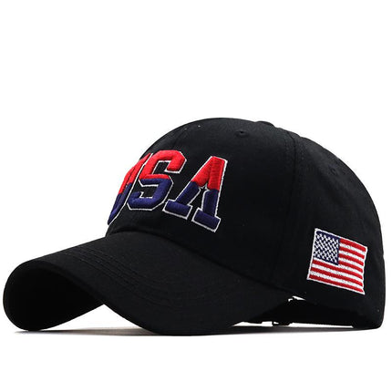 Men's Cotton Outdoor Cap | USA Flag Embroidery | Versatile Satin Weave | Adjustable Fit | Short Brim | Four Seasons Dome Hat | Casual Style | Embroidered Letters
