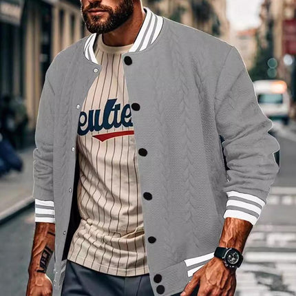Men's Baseball Jacket | Casual Single Breasted Cardigan Style | Ribbed Stand-Up Collar | Long Sleeves with Ribbed Cuffs | Cotton-Polyester Blend | Lightweight & Warm | Side Pockets | Ideal for Autumn & Spring