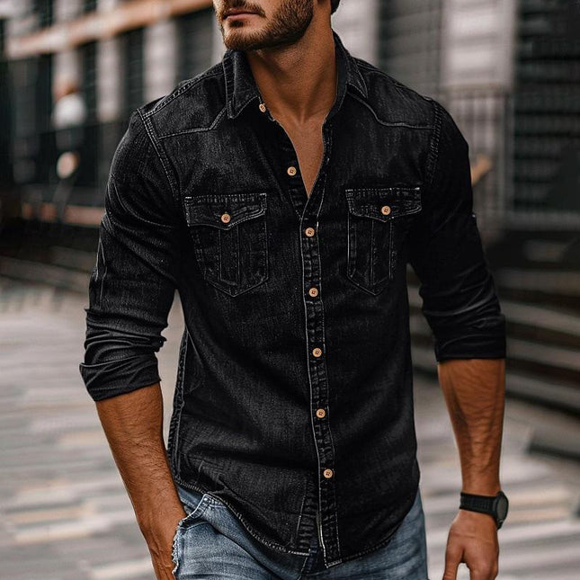 Men's Vintage Washed Denim Shirt | Distressed Lapel Design | Long Sleeve | Indigo Blue | Casual & Semi-Formal Versatility | Soft Cotton Fabric | Sizes S-2XL | Machine Washable
