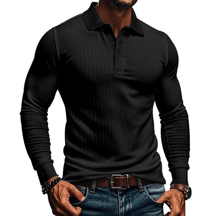 Men's Long Sleeve Polo Shirt | Casual Elastic Fit | Stretchy Fabric | Full-Length Sleeves | Classic Polo Collar | Button Placket | Available in Navy, Black, Gray, White, Burgundy | Comfortable & Versatile
