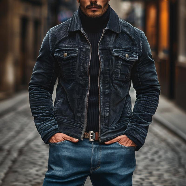 Men's Vintage Corduroy Jacket | Slim Fit Zipper Front | Lapel Collar Outerwear | Stylish Functional Pockets | High-Quality Durable Fabric | Versatile Layering for Casual to Smart-Casual Occasions