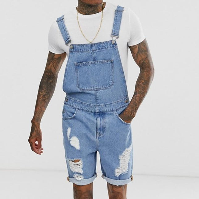 Vintage Men's Denim Overalls | Ripped Washed Style | Micro Elastic Fit | Spring Summer Casual | Adjustable Buckle | Bib and Hand Pockets | Retro Look | Daily Wear | Durable Material