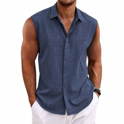 Men's Sleeveless Shirt | Solid Color Lapel | Cotton Linen Blend | Breathable & Durable | Classic Timeless Design | Ideal for Casual & Warm Weather | Versatile Pairing with Jeans or Trousers