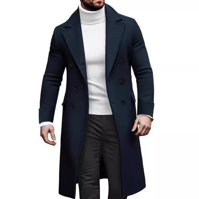 Men's Double-breasted Mid-length Coat | Solid Color | Notched Lapel | Long Sleeve | High-quality Wool Blend | Elegant Outerwear for Formal and Casual | Available in Black, Navy Blue, Charcoal Grey, Camel
