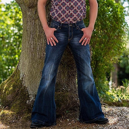 Men's Vintage Washed Denim Flared Jeans | Distressed Details | Retro 5-Pocket Style | Button Fly | Mid-Rise Waist | Classic Design | Trendy Men's Fashion | Durable Denim | Stylish Vintage Look
