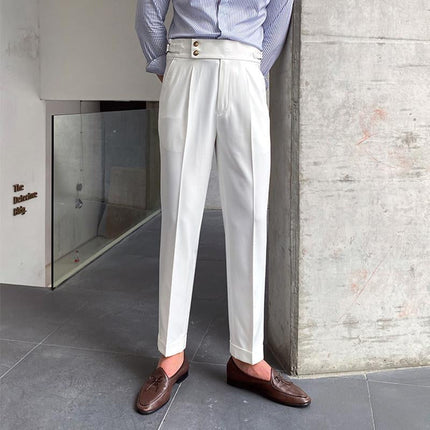Men's British Style High Waist Straight Pants | Classic Wool Blend Trousers | Slim Fit Tailored Design | Durable Polyester & Spandex | Timeless Colors | Dry Clean Only | Versatile Formal & Casual Wear