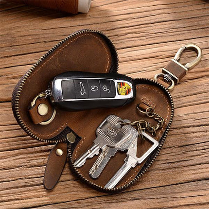 Vintage Cowhide Leather Key Bag | Premium Soft Texture | Durable with Solid Zipper | Luxurious Retro Finish | Slim Holder for Multiple Keys | Stylish Keyholder for Travel & Everyday Use