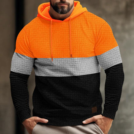 Men's Long Sleeve Hooded Sweatshirt | Color Block Pattern | Textured Waffle Fabric | Casual Comfort | Versatile Casual Wear | Cozy Hood for Warmth | Modern Design | Ideal for Spring & Autumn
