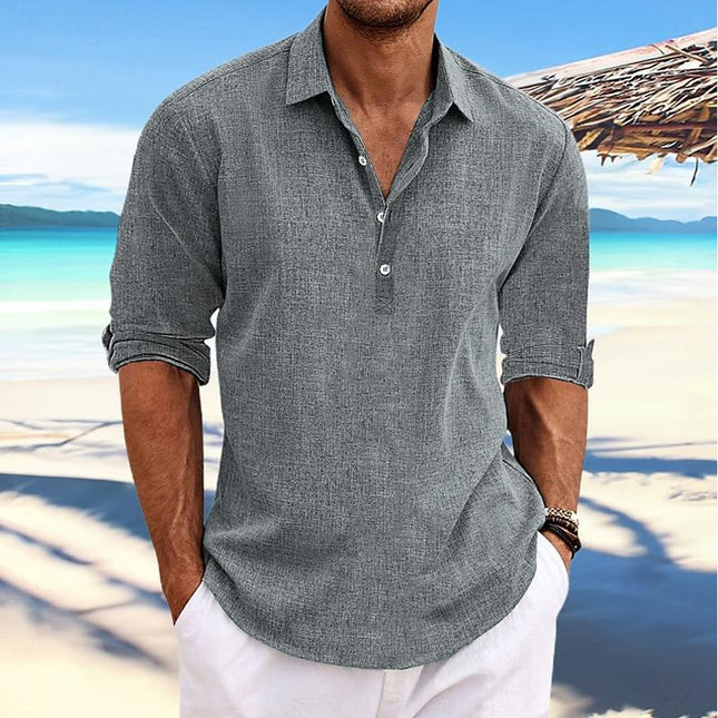 Men's Solid Color Pullover Shirt | Cotton & Linen Blend | Lapel Collar | Roll-Up Sleeves | Casual Long Sleeve Top | Breathable Fabric | Versatile Style