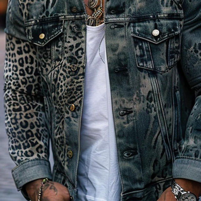 Men's Denim Trucker Jacket | Leopard Ombre Print | Classic Fit | Long Sleeve | Button Closure | High-Quality Fabric | Versatile Layering | Casual Style | Hip Length | Various Sizes Available | Machine Washable