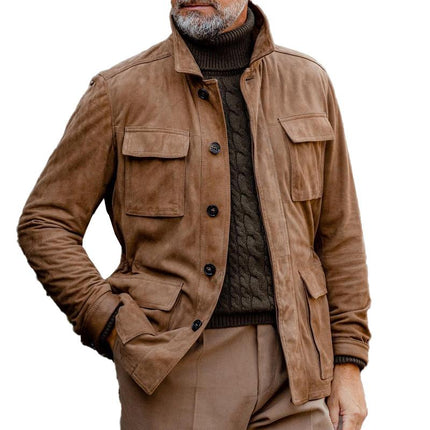 Men's Vintage Suede Jacket | Multi Pocket Design | Brown Lapel Outerwear | Classic Style | Premium Suede Fabric | Full Sleeve Warm Coat | Nostalgic Fashion for Men