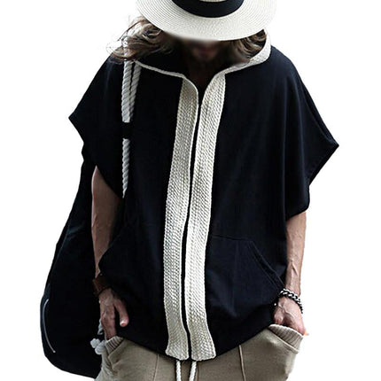 Men's Hooded Sweatshirt Jacket | Loose Fit | Short Sleeve | Color Block Design | Cotton Blend | Casual Outdoor Wear | Spring Summer Fall