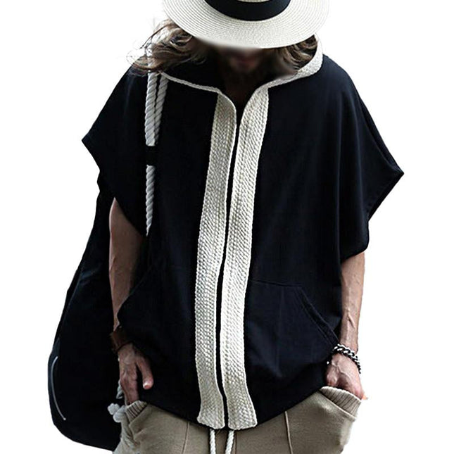 Men's Hooded Sweatshirt Jacket | Loose Fit | Short Sleeve | Color Block Design | Cotton Blend | Casual Outdoor Wear | Spring Summer Fall