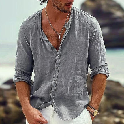 Men's Cotton Linen Shirt | Stand Collar | Single Breasted | Long Sleeves | Casual Fit | Soft & Breathable | Machine Washable | Versatile Style | Available in Various Sizes