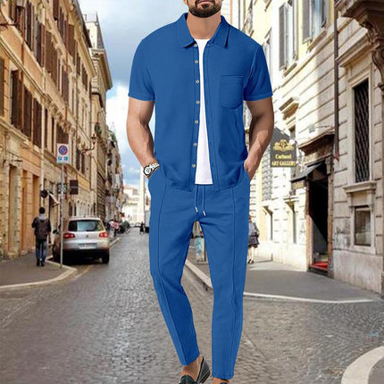 Men's Casual Two-Piece Outfit | Waffle Knit Set | Short Sleeve Shirt & Pants | Solid Color | Elastic Waist | Breathable Fabric | Side Pockets | Comfortable Loungewear | Ideal for Travel & Everyday Wear