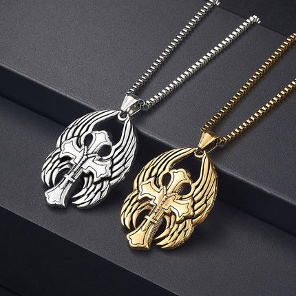 Vintage Casual Necklace | Cross Wings Pendant | Fashion Jewelry | Unique Gift Accessory | Men's and Women's Necklace | Silver Tone | Casual Style | Versatile Accessories