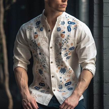 Men's Long Sleeve Floral Print Shirt | Crew Neck Casual Top | Cotton Blend Breathable Fabric | Relaxed Fit | Versatile for Spring and Fall | Comfortable Stylish Design