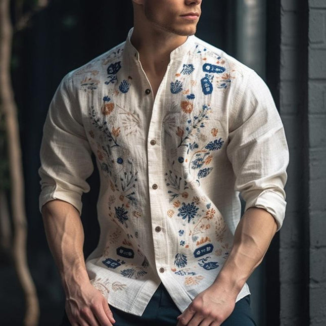 Men's Long Sleeve Floral Print Shirt | Crew Neck Casual Top | Cotton Blend Breathable Fabric | Relaxed Fit | Versatile for Spring and Fall | Comfortable Stylish Design