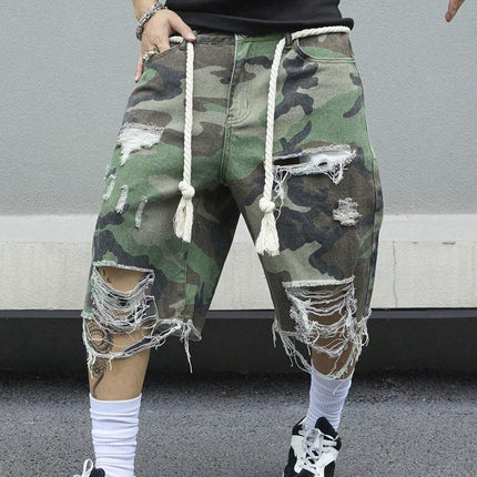 Men's Camouflage Ripped Cropped Trousers | Slim Fit | Cotton Spandex Blend | Vintage Washed | Casual Streetwear | Distressed Ankle Length Pants | Spring Summer Fall Fashion
