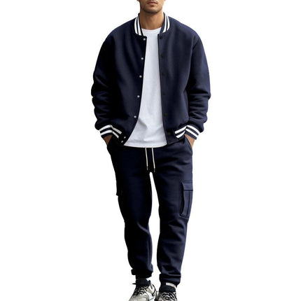 Men's Baseball Jacket Set | Stand Collar Jacket with Ribbed Detailing | Slim-Fit Trousers | Soft Breathable Fabric | Full Zip-Up | Casual Sportswear | Elastic Waist with Drawstring | Side & Back Pockets