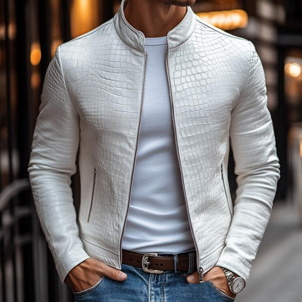 Men's Slim Fit Leather Jacket | Stone Pattern | Stand Collar | Zipper Closure | Fashion Outerwear | Premium Leather | Versatile Style | Distinctive Design | Multiple Pockets