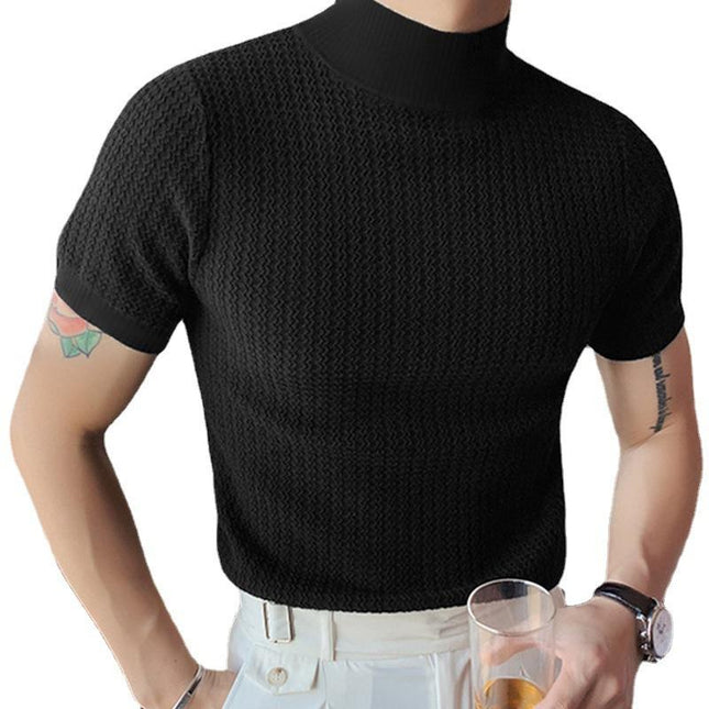 Men's Slim Fit Half Turtleneck Knitted Short Sleeve Tee | Solid Color | Lightweight Layering Top | Comfortable and Stylish | Semi-Formal and Casual Wear | Fall and Winter Fashion