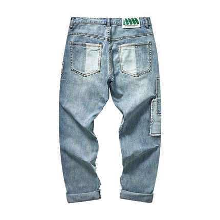 Men's Jeans | Patchwork Embroidery | Regular Fit | Full Length | Durable Cotton-Blend Denim | Distressed Vintage Look | Classic Five-Pocket | Casual Streetwear Style | Comfortable Artistic Fashion