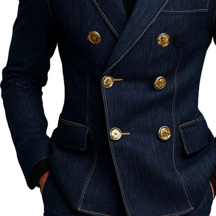 Men's Stylish Denim Blazer | Double Breasted Jacket | Notched Lapel | Long Sleeves | Button Cuffs | High-Quality Denim Fabric | Classic Blue | Semi-Formal | Versatile Outerwear | Casual Smart Wear