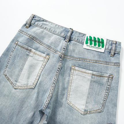 Men's Jeans | Patchwork Embroidery | Regular Fit | Full Length | Durable Cotton-Blend Denim | Distressed Vintage Look | Classic Five-Pocket | Casual Streetwear Style | Comfortable Artistic Fashion