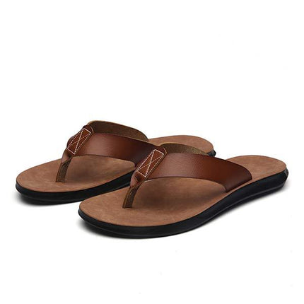 Men's Leather Beach Flip Flops | Round-Toe Sandals | Comfortable Flexible Outsole