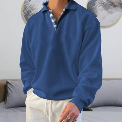 Men's Casual Loose Fit Sweatshirt | Long Sleeve V-Neck Plaid Stitching | Polyester Blend | Micro Elastic | Perfect for Spring and Autumn | Daily Wear Sports Outings | Street Urban Style