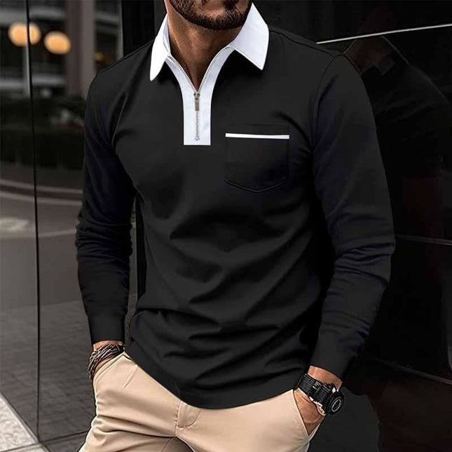 Men's Long Sleeve Polo Shirt | Color Block Design | Pocket Detail | Soft Cotton Blend | Buttoned Placket