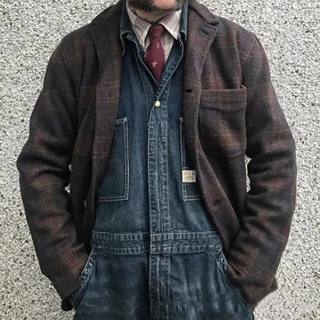 Men's Vintage Checkered Jacket | Retro Lapel Design | Loose Fit Outerwear | Durable Cotton Blend | Stylish Men's Jacket | Classic Checkered Pattern | Comfortable & Versatile | Timeless Men's Fashion