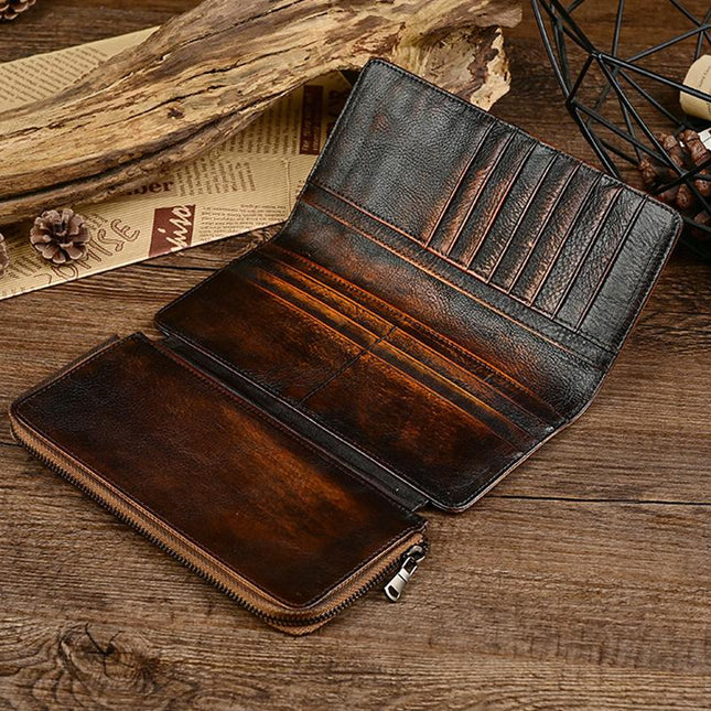 Men's Leather Wallet | Vintage Distressed Long Design | Multi-Card Slots | Genuine Leather | Slim Profile | Ample Storage | Stylish & Durable | Fits Cash & IDs | Elegant Accessory for Men