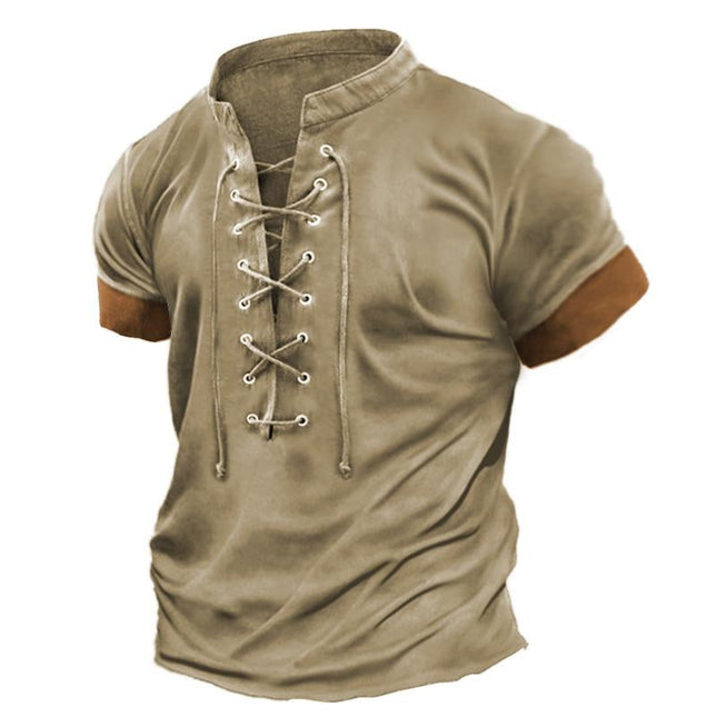 Men's Vintage Lace Up T-Shirt | Colorblock Short Sleeve | Casual Stylish Top | Breathable Fabric | Versatile Fit | Perfect for Spring & Summer | Available in Various Sizes