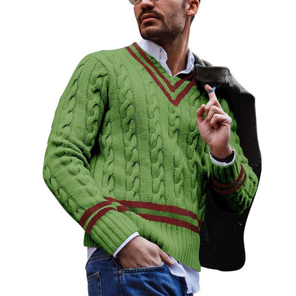 Men's V-Neck Sweater | Colorblock Striped Loose Knit | Soft Cotton Acrylic Blend | Relaxed Fit | Trendy Design | Versatile Layering | Machine Washable | Available in Various Sizes | Stylish Outerwear for Casual Occasions
