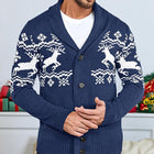 Men's Elk Jacquard Knit Cardigan | Shawl Collar | Long Sleeve | Ribbed Cuffs | Soft Warm Durable Knit | Open-Front Design | Versatile Layering Piece | Fall Winter Wardrobe Essential