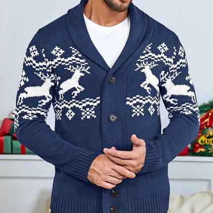 Men's Elk Jacquard Knit Cardigan | Shawl Collar | Long Sleeve | Ribbed Cuffs | Soft Warm Durable Knit | Open-Front Design | Versatile Layering Piece | Fall Winter Wardrobe Essential