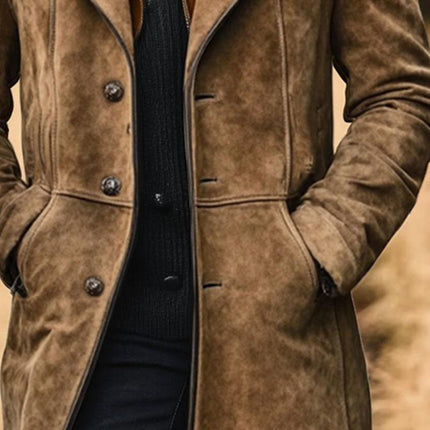 Men's Vintage Suede Coat | Double Collar | Mid-Length | Timeless Elegance | Long Sleeve | High-Quality Fabric | Stylish Outerwear | Classic Styling | Modern Gentleman