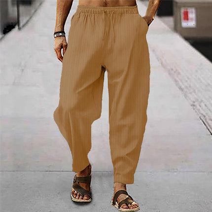 Men's Loose Fit Striped Trousers | Breathable Cotton Linen Blend | Casual Sports Pants | Elastic Drawstring Waistband | Stylish Comfortable Design | Ideal for Everyday Wear